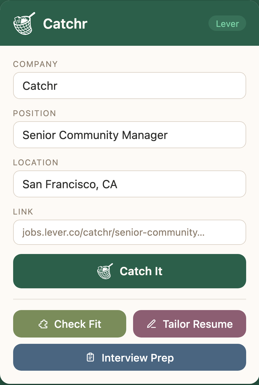 The Catchr browser popup auto-filling a job's company, position, location and link, with a Catch It button and the three AI tools below.