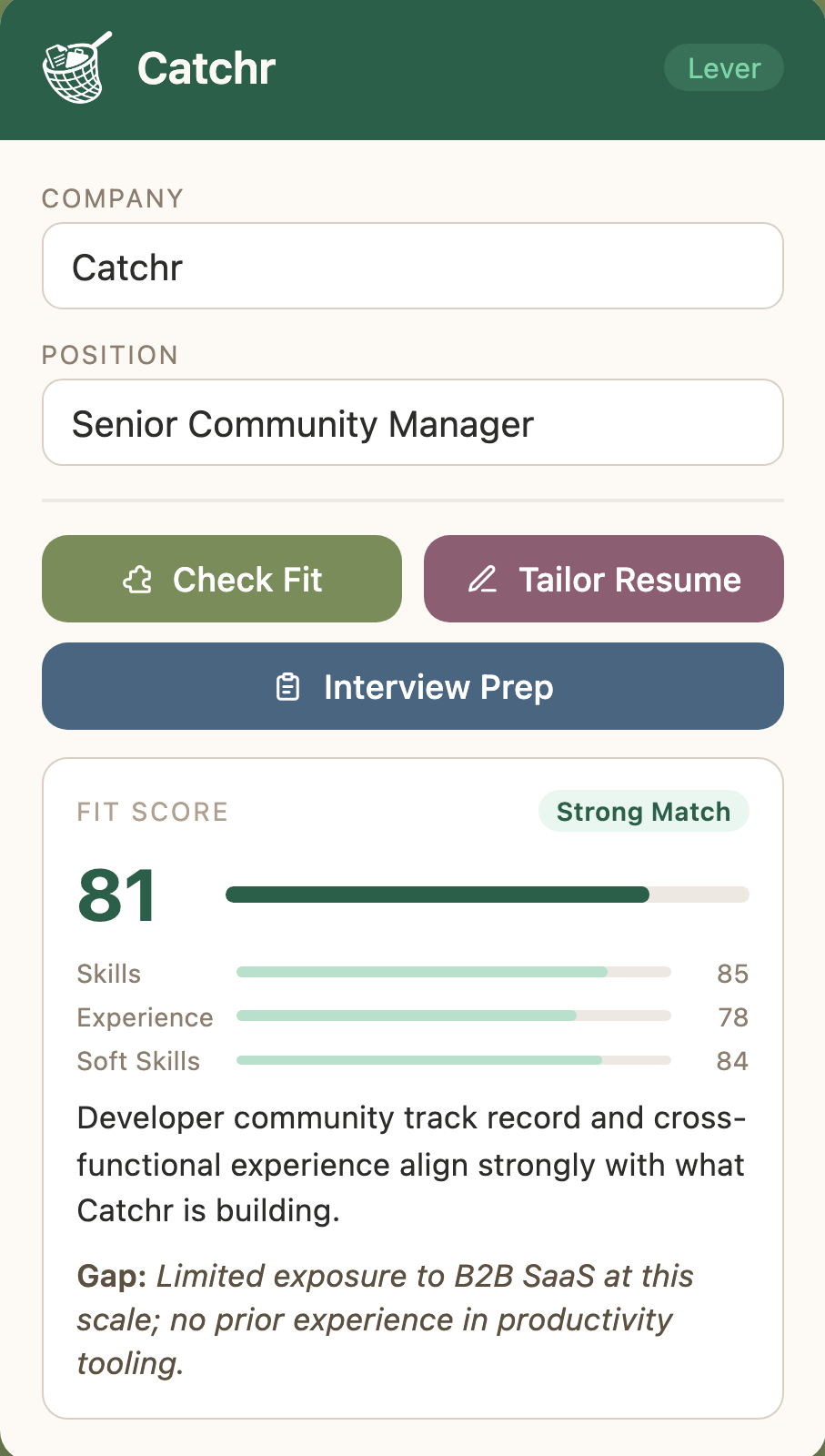 Catchr's Fit Score card showing 81 out of 100, a Strong Match tag, sub-scores for Skills 85, Experience 78 and Soft Skills 84, and a written rationale with a Gap note.