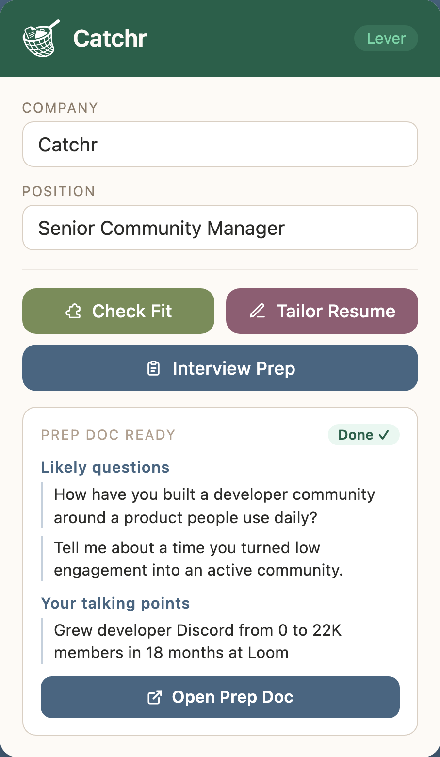 Catchr's Prep Doc Ready card with likely interview questions and talking points pulled from the user's resume, plus an Open Prep Doc button.