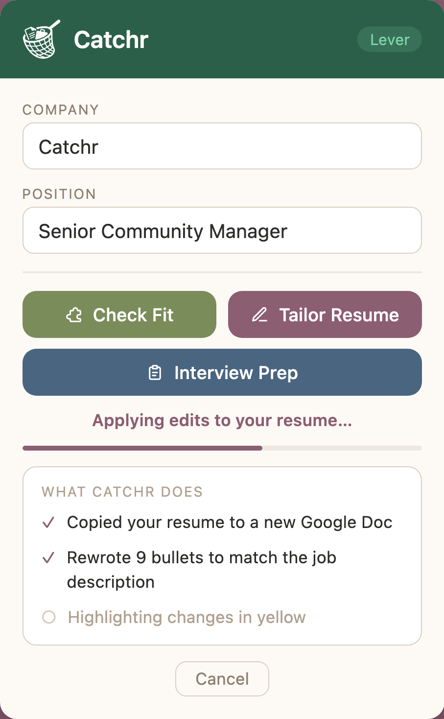 Catchr applying edits to a resume: a progress bar and a checklist showing it copied the resume to a new Google Doc, rewrote 9 bullets to match the job description, and is highlighting changes in yellow.